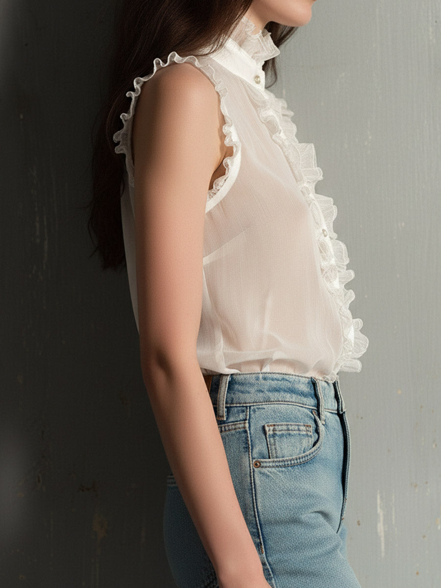 Retro Romantic Sheer Ruffled High-Neck Sleeveless Blouse
