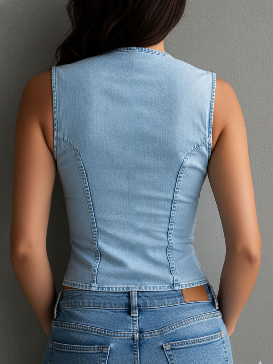 Boho Chic Light Wash Denim Corset Vest