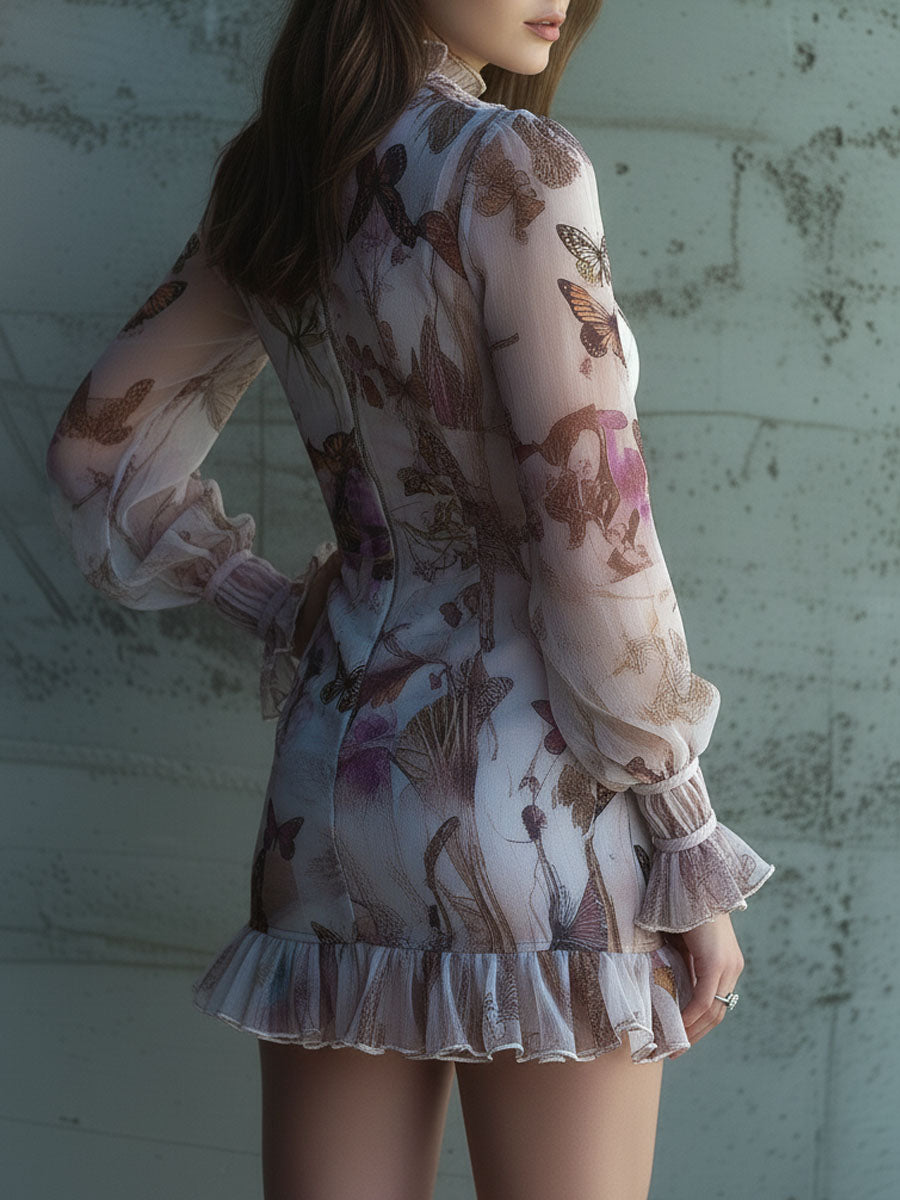 Chic Boho Zip Front Sheer Butterfly Print Ruffle Mini Dress