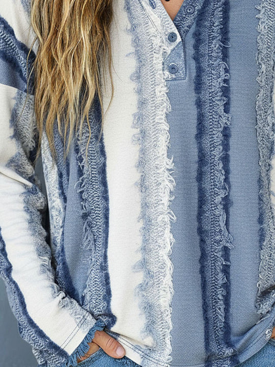 Boho Chic Blue Striped Textured Frayed Henley Top