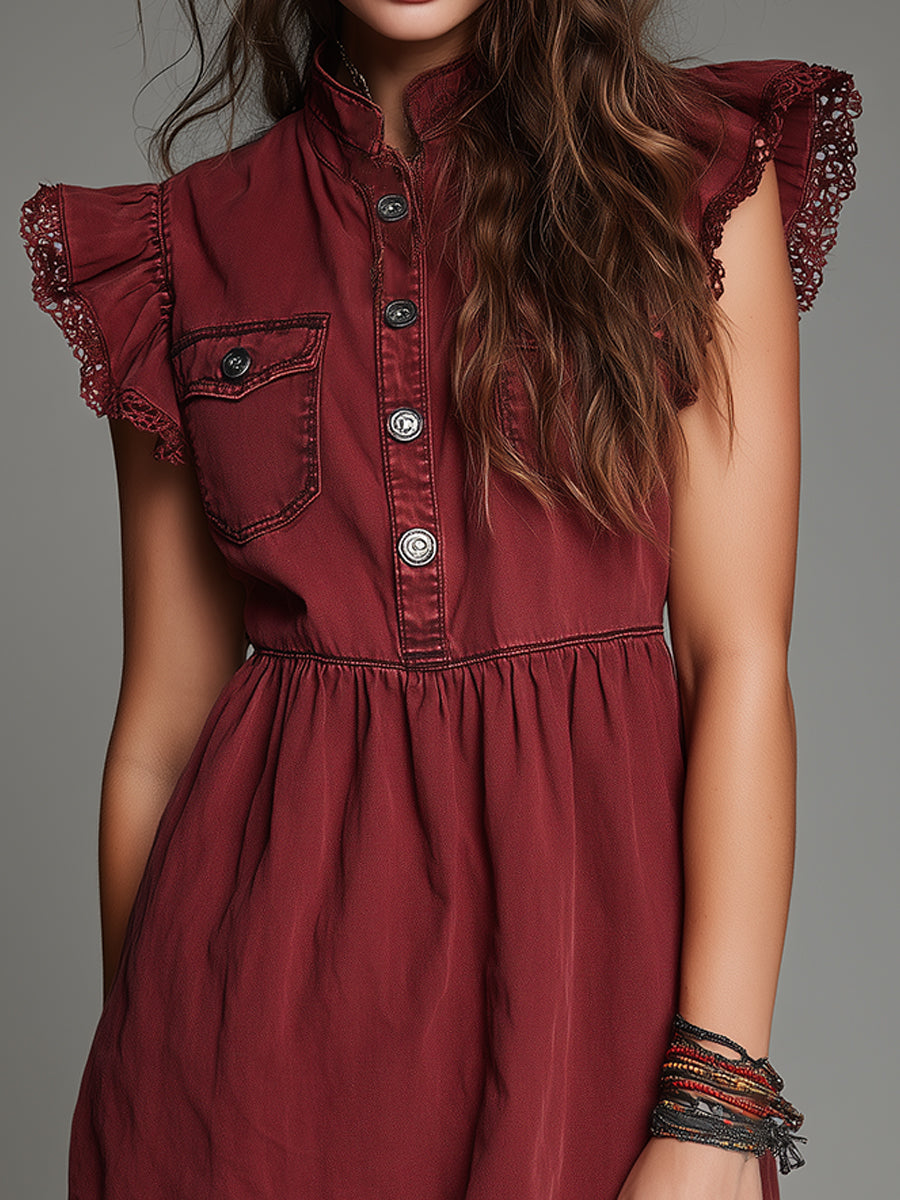 Vintage Washed Denim Mini Dress With Lace And Ruffled Sleeves