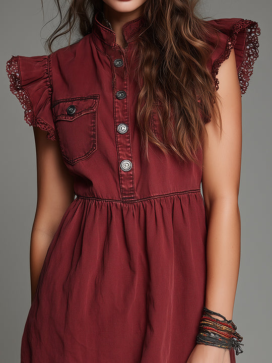 Vintage Washed Denim Mini Dress With Lace And Ruffled Sleeves