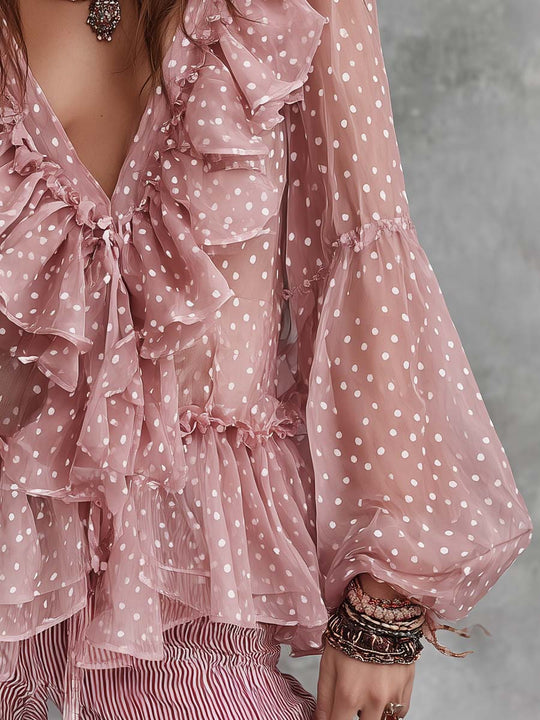 Bohemian Vintage Polka Dot Ruffled Chiffon Blouse