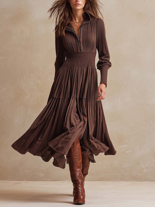 Smocked Pleated Zip-Front Midi Dress