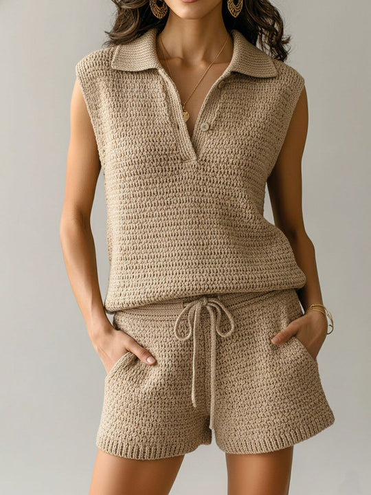 Boho Beige Knit Sleeveless Collared Top & Drawstring Shorts Set