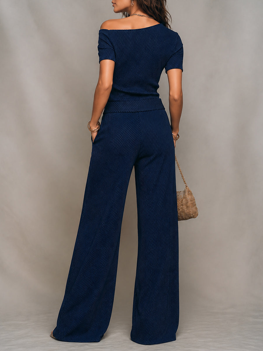 Quiet Luxury One-Shoulder Striped Wide-Leg Jumpsuit