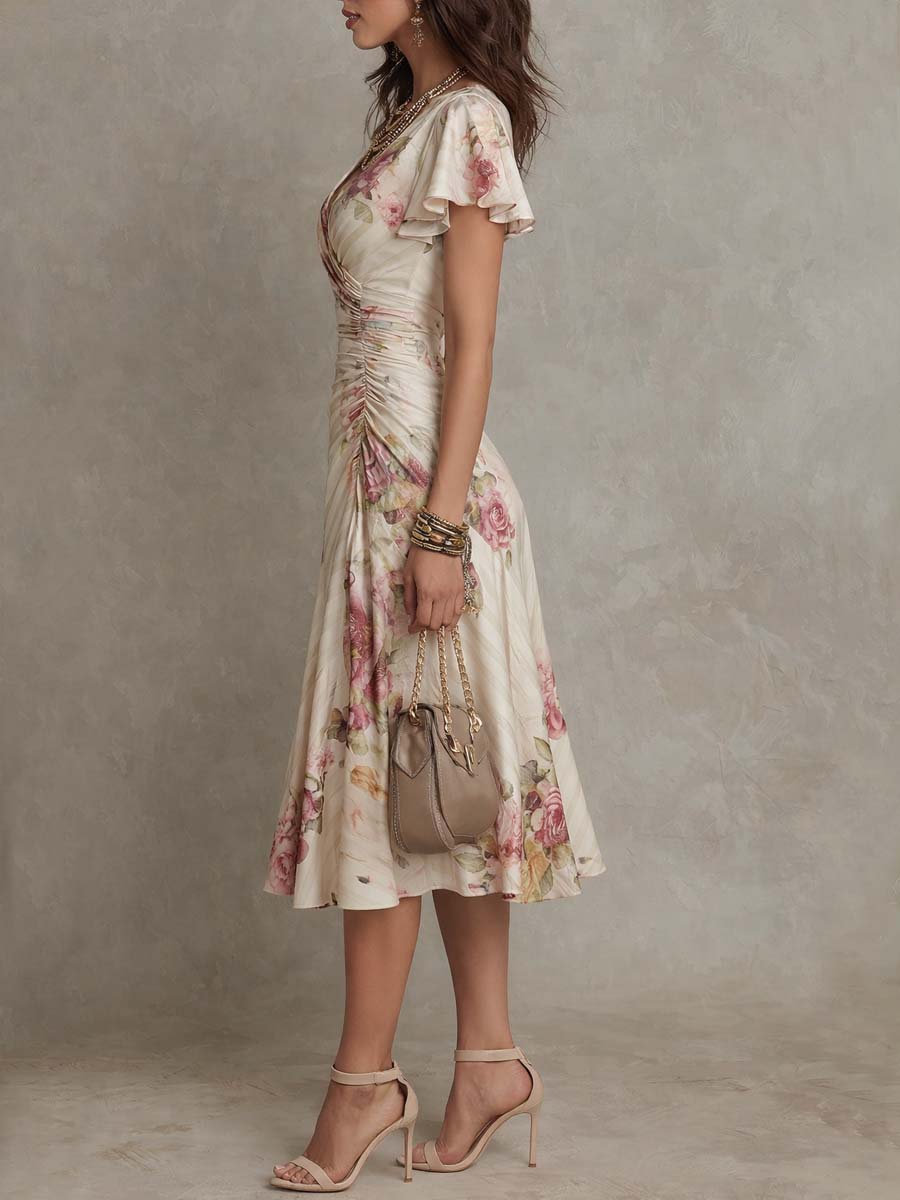 Elegant Vintage Floral Chiffon Midi Dress