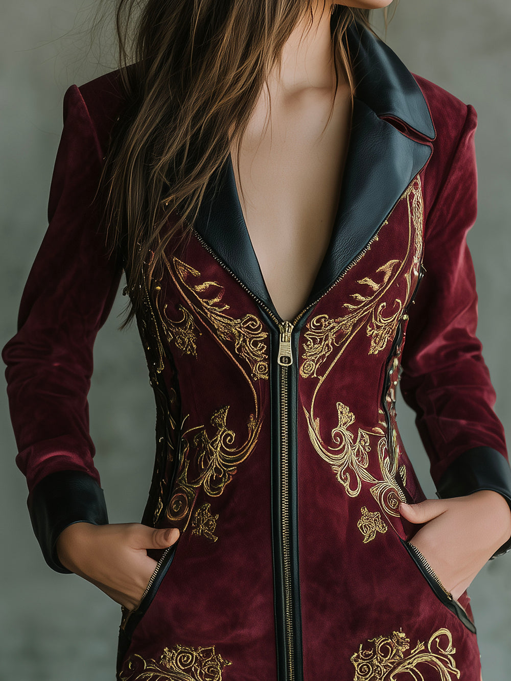 Retro Burgundy Microsuede Gold Baroque Embroidered Dress With Leather Trim