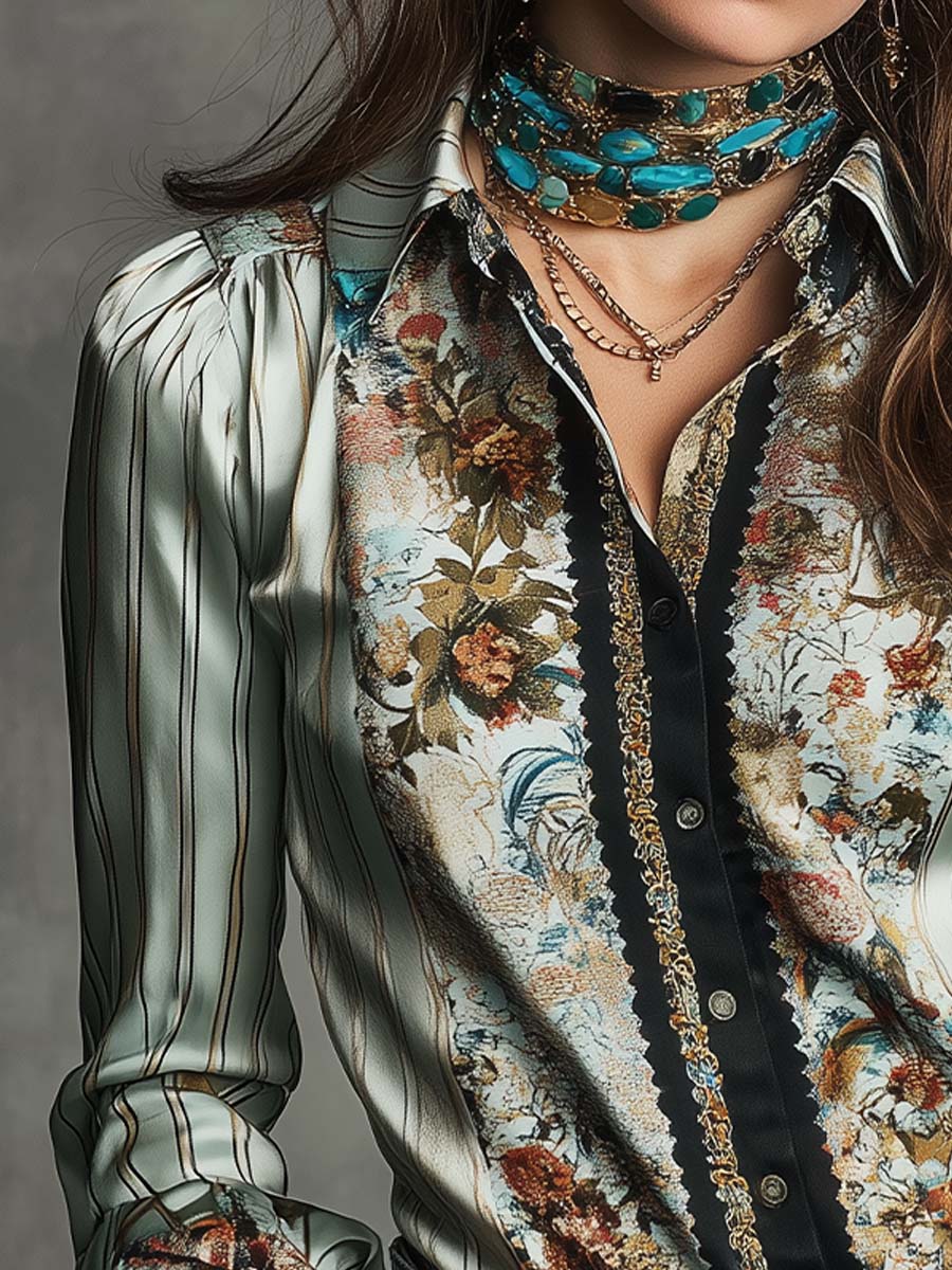 Bohemian Vintage Floral Stripe Satin Shirt
