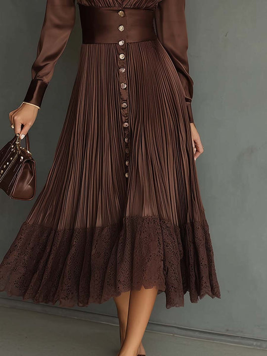 Vintage Peaked Lapel Pleated Polyester Satin Midi Dress