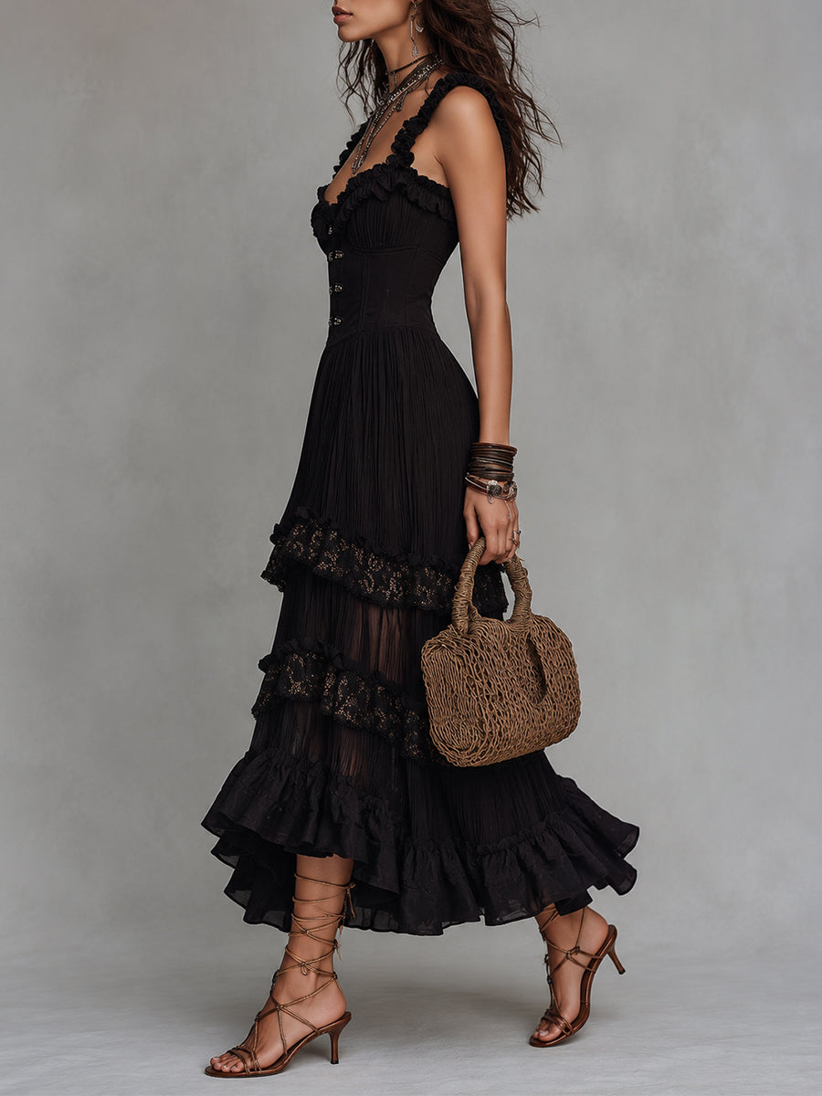 Vintage Chiffon Crinkle A-Line Midi Dress With Lace Trim