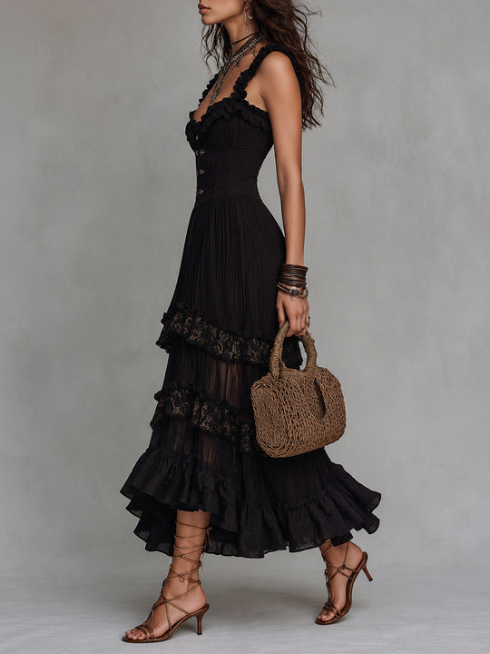 Vintage Chiffon Crinkle A-Line Midi Dress With Lace Trim