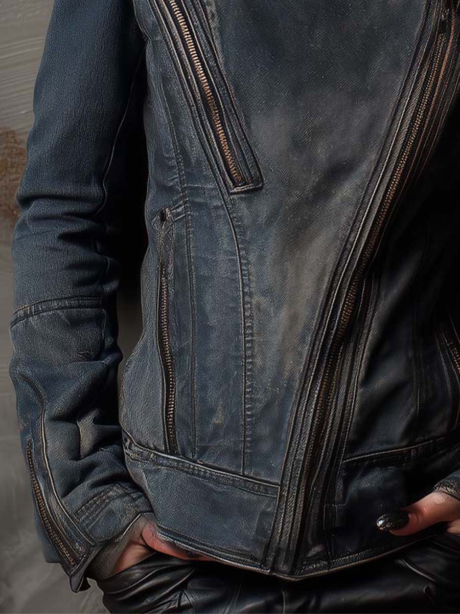 Washed Steel-blue Distressed Denim Moto Jacket