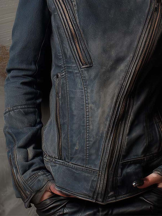 Washed Steel-blue Distressed Denim Moto Jacket