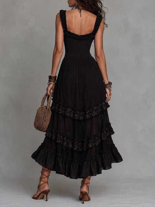 Vintage Chiffon Crinkle A-Line Midi Dress With Lace Trim