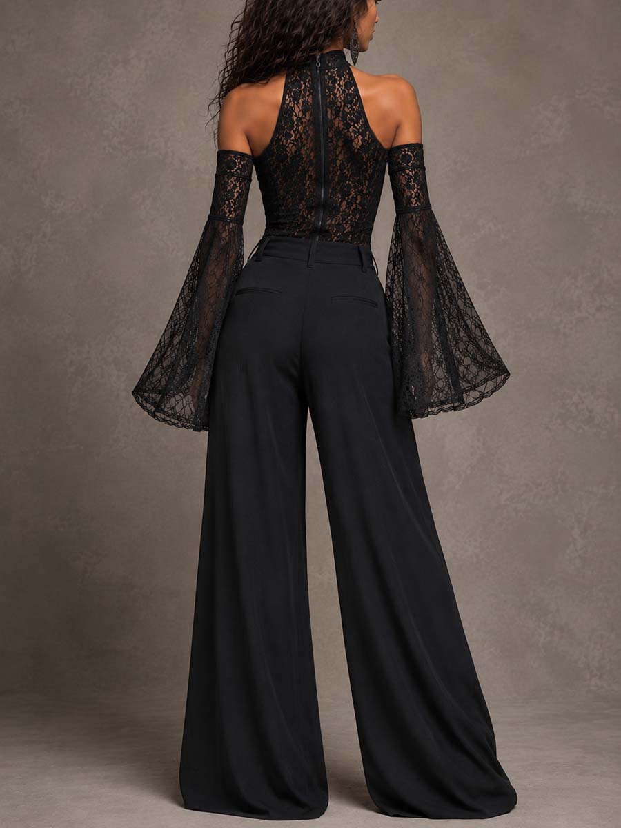 Off Shoulder Bell Sleeve Full Zip High Neck Lace Corset Waist Wide Leg Jumpsuit