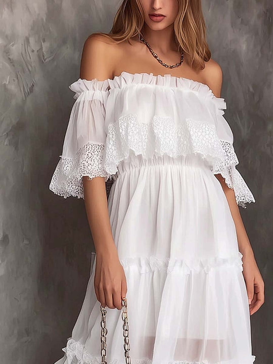 Bohemian Off-the-shoulder Lace-trimmed White Midi Dress