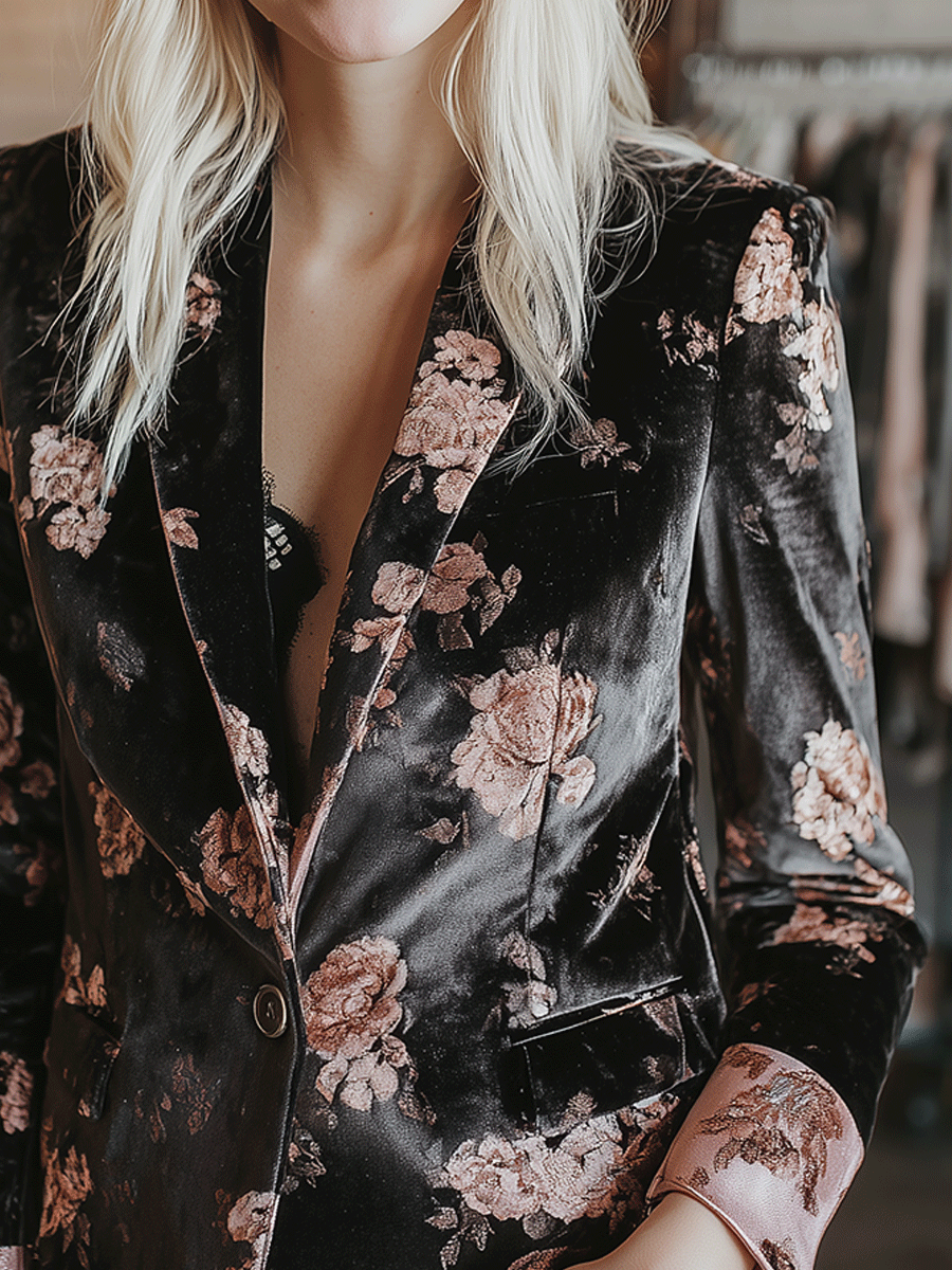 Romantic Retro Bohemian Style Velvet Rose Blazer