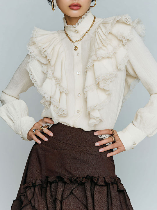 Romantic High-Neck Ivory Victorian Ruffle Lace Blouse