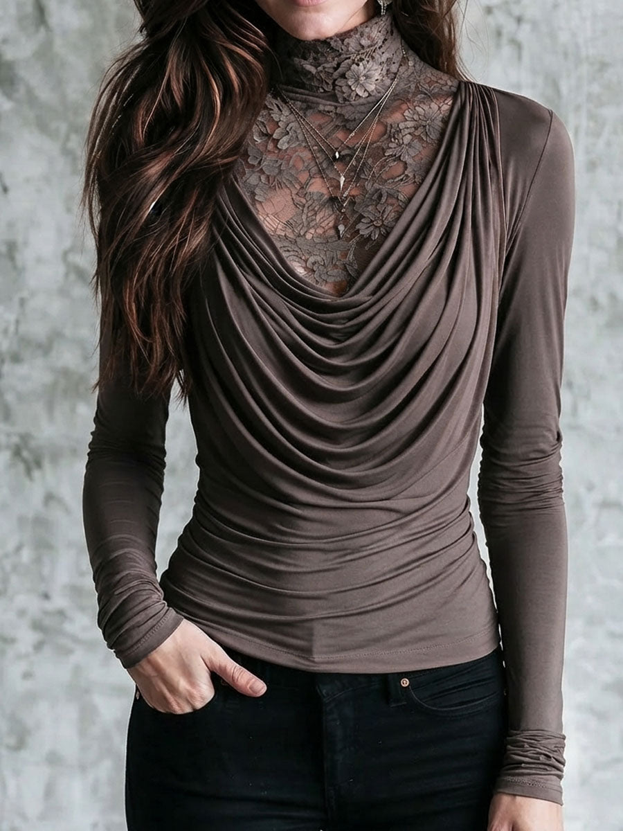 Boho Taupe Lace Mock Neck Draped Cowl Long Sleeve Two-in-One Top