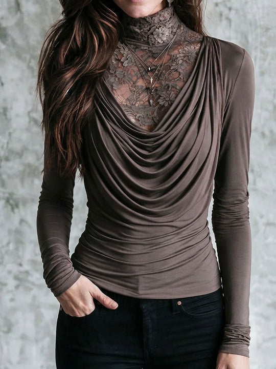 Boho Taupe Lace Mock Neck Draped Cowl Long Sleeve Two-in-One Top