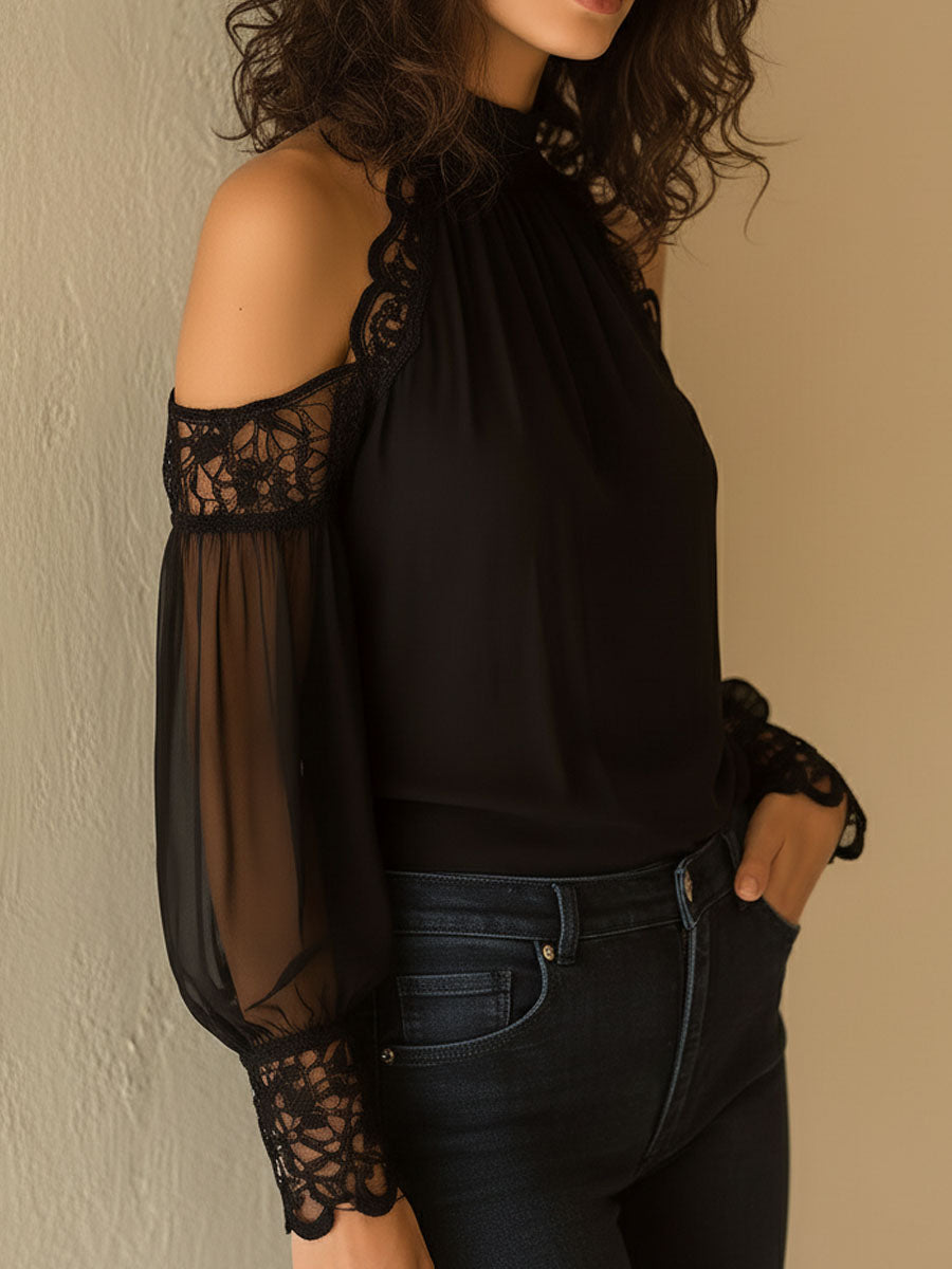 Elegant High Neck Black Chiffon Lace Cold-Shoulder Blouse