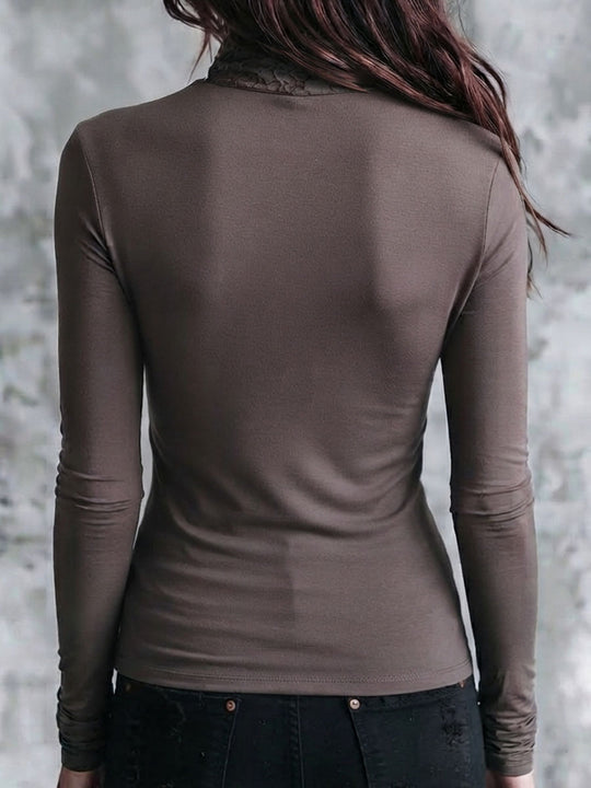 Boho Taupe Lace Mock Neck Draped Cowl Long Sleeve Two-in-One Top