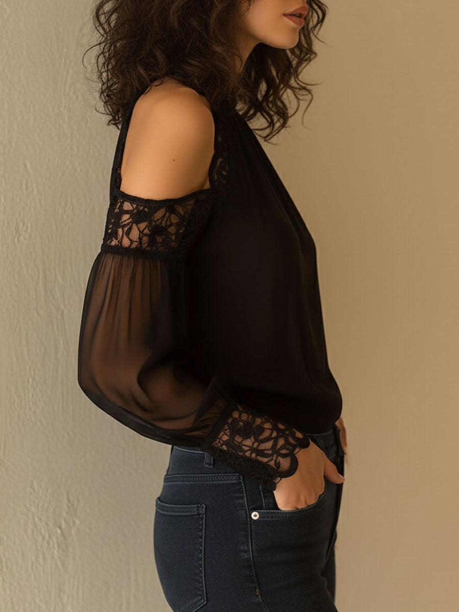 Elegant High Neck Black Chiffon Lace Cold-Shoulder Blouse