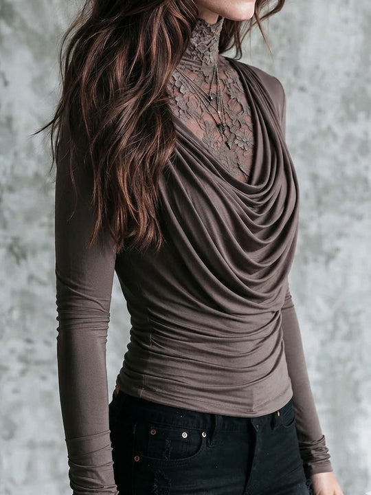Boho Taupe Lace Mock Neck Draped Cowl Long Sleeve Two-in-One Top