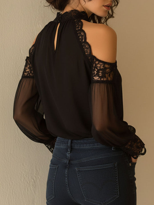 Elegant High Neck Black Chiffon Lace Cold-Shoulder Blouse
