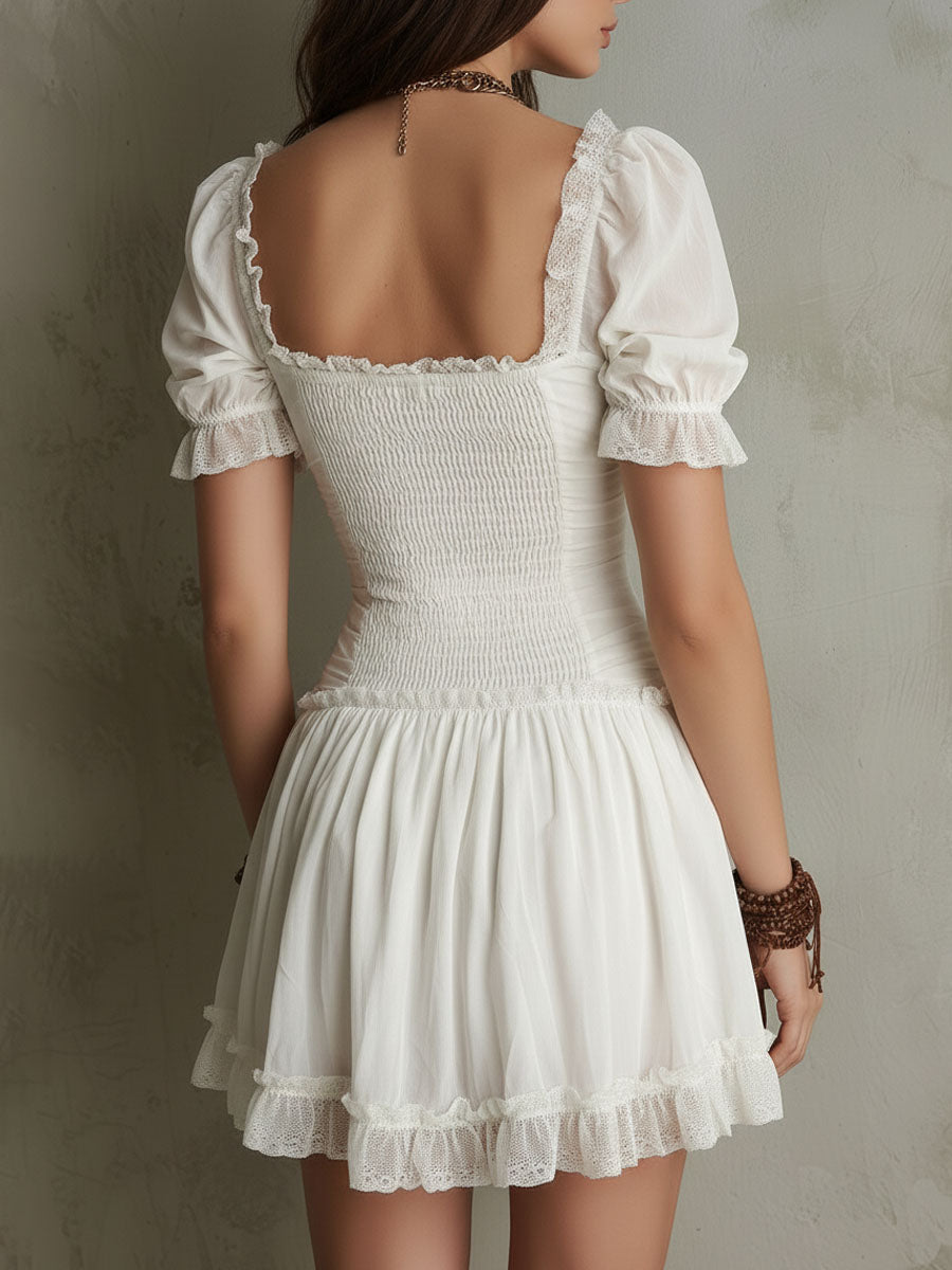 Retro Boho Ivory Smocked Lace-Trim Mini Dress