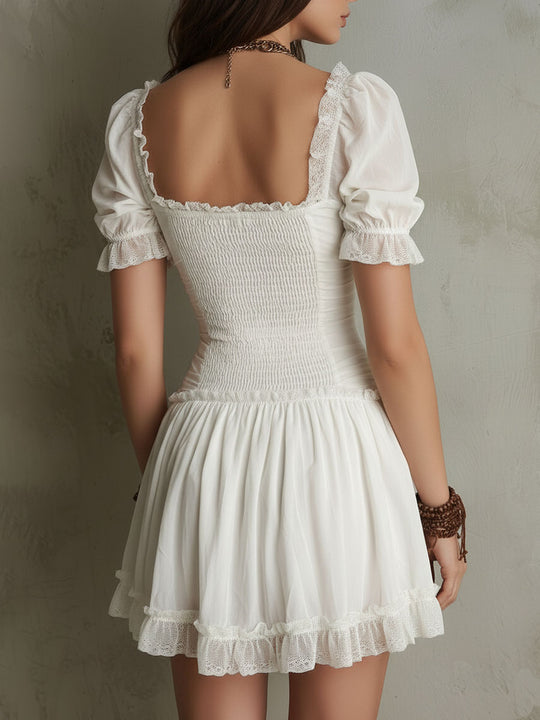 Retro Boho Ivory Smocked Lace-Trim Mini Dress