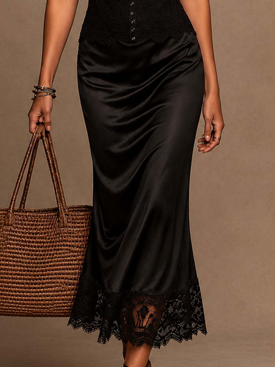 Vintage Lace Cami Spliced Satin Lace Hem Midi Dress