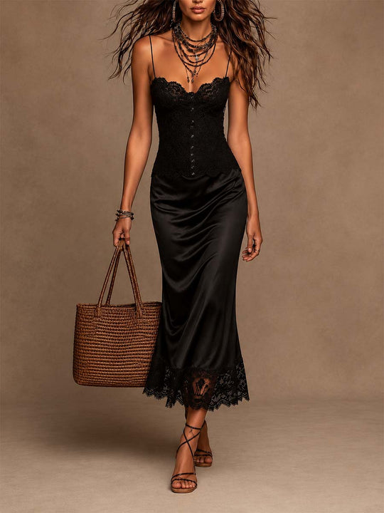 Vintage Lace Cami Spliced Satin Lace Hem Midi Dress