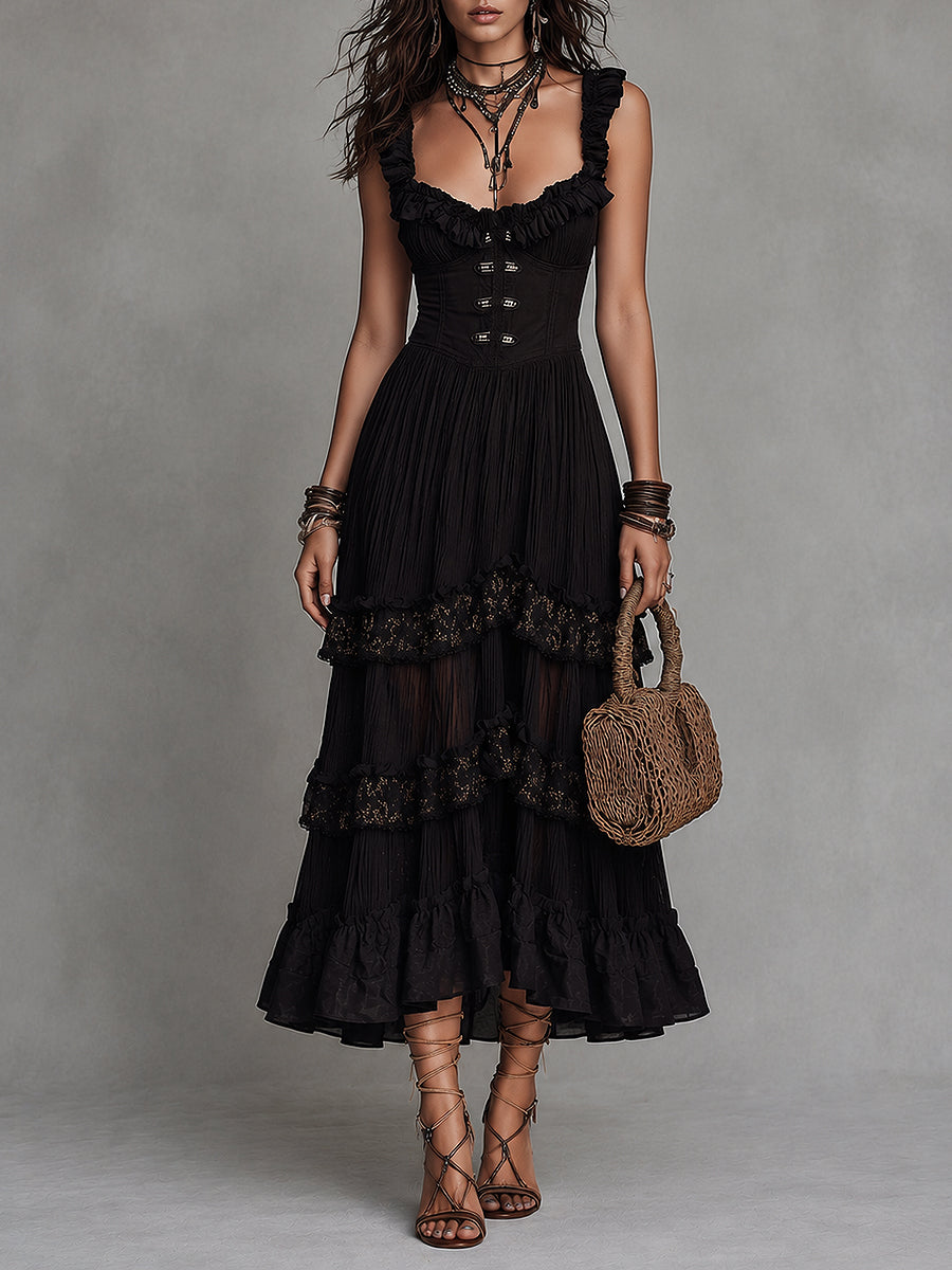 Vintage Chiffon Crinkle A-Line Midi Dress With Lace Trim
