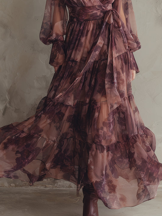 Romantic Holiday Printed Chiffon Ruffle Hem Maxi Dress