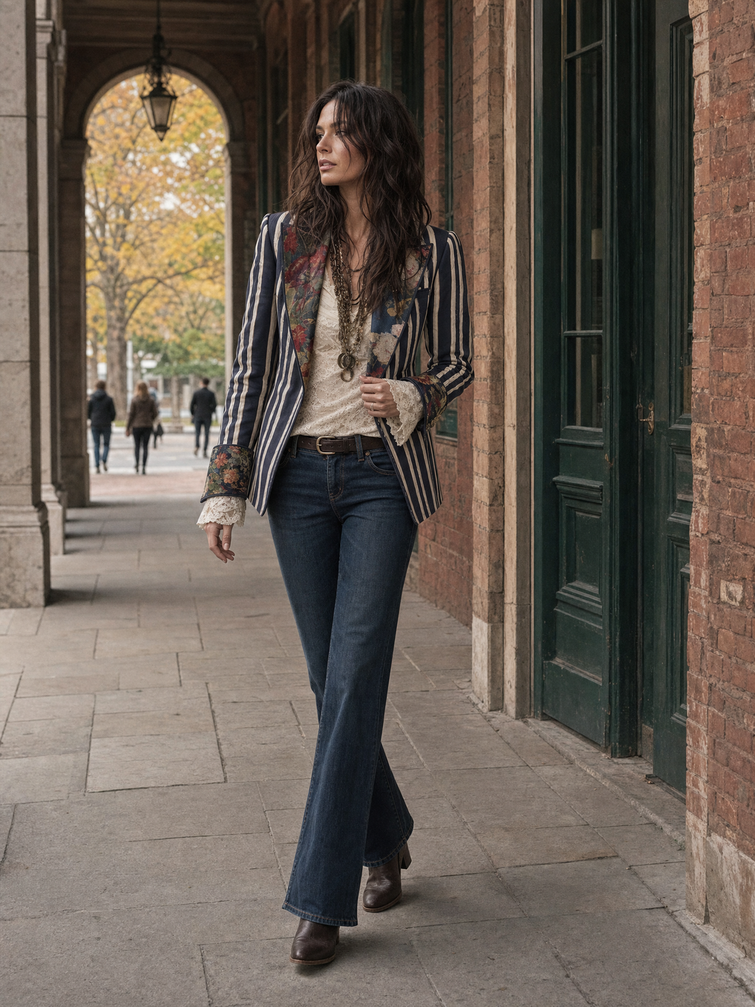 Bohemian Floral Print Cotton And Linen Striped Blazer
