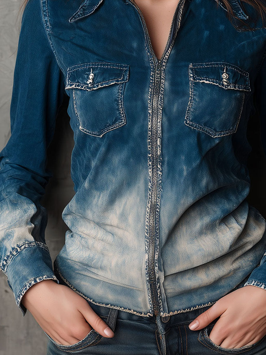 Indigo Faded Gradient Wash & Contrast Stitch Denim Zip Shirt