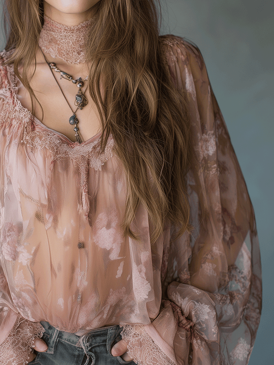 Romantic Pink Boho Sheer Floral Lace Blouse