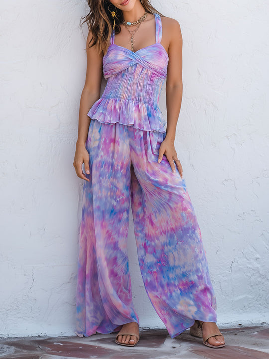 Boho Pastel Tie-Dye Smocked Halter Top & Wide-Leg Pants Set