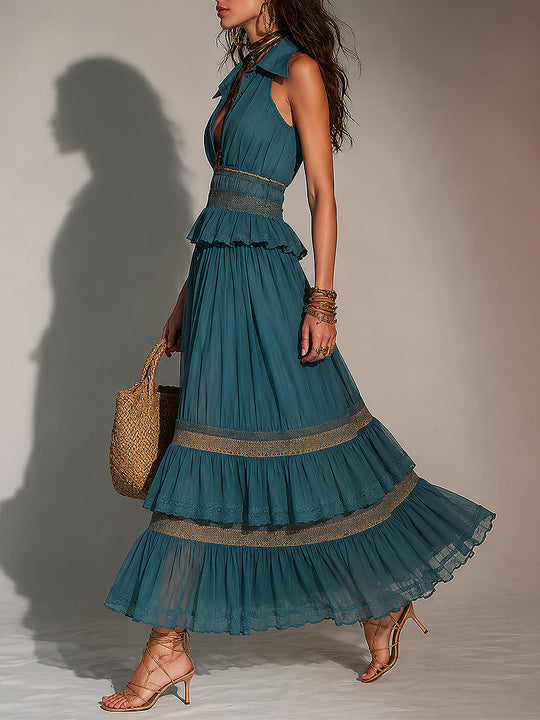 Boho Shirt-Collar Lace Trim Chiffon Maxi Dress