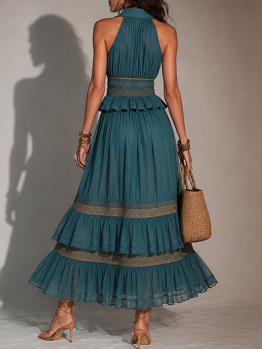 Boho Shirt-Collar Lace Trim Chiffon Maxi Dress