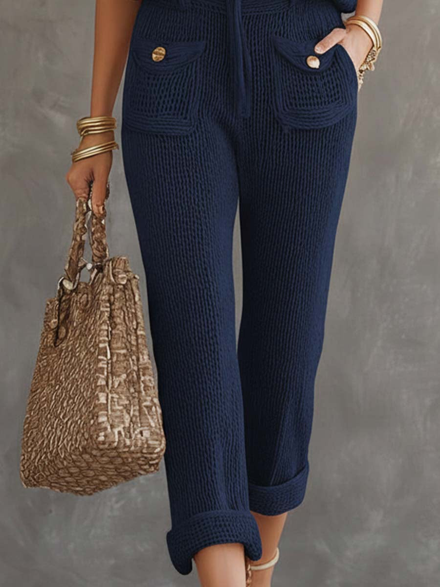 Retro Multi-pocket Knitted Jumpsuit