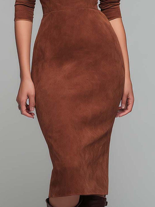 Eco-Suede Keyhole Midi Dress – Warm Chestnut
