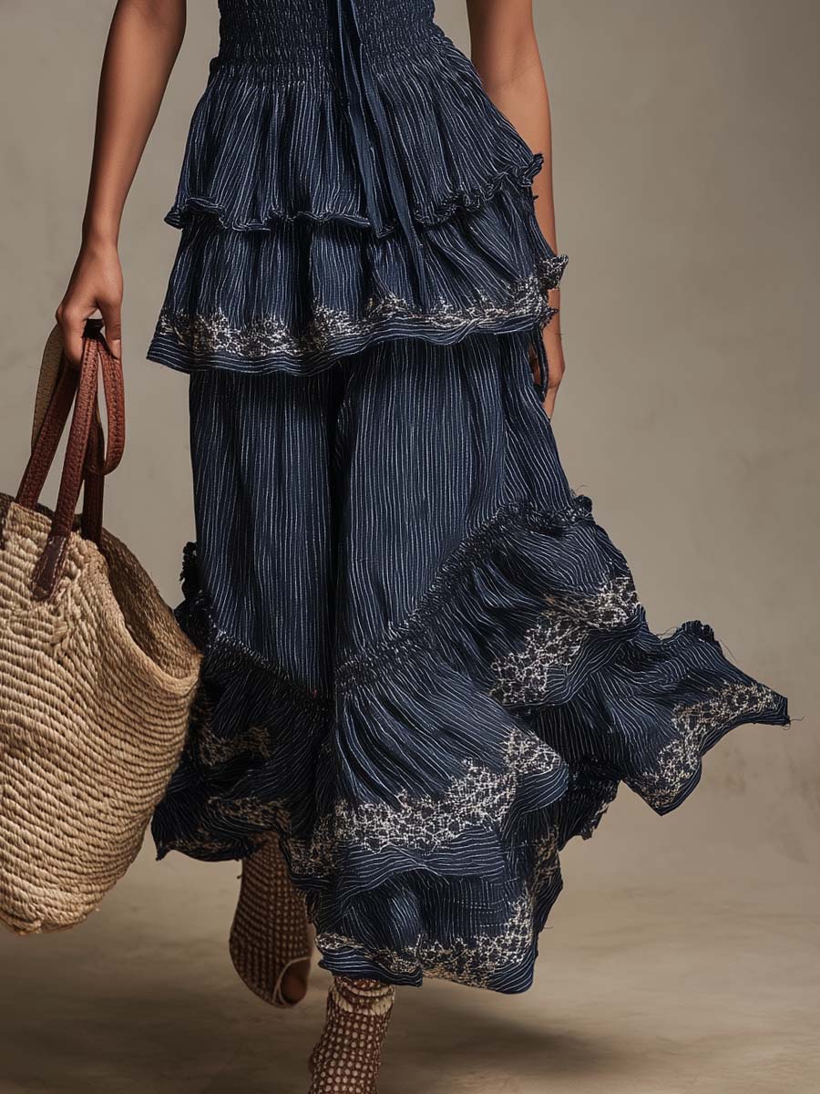 Bohemian Smocked Tiered Ruffle Maxi Dress In Indigo Blue With Lace Trim
