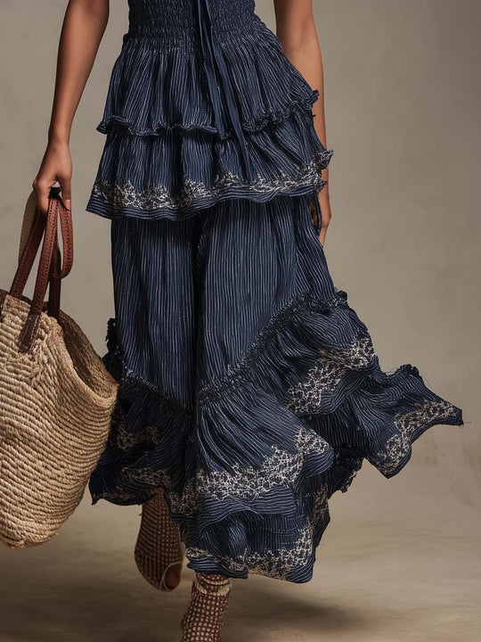 Bohemian Smocked Tiered Ruffle Maxi Dress In Indigo Blue With Lace Trim