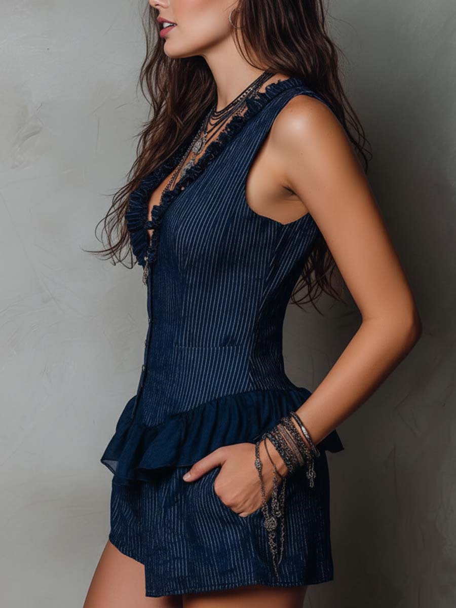 Vintage Pinstripe Ruffle Vest & Shorts Set