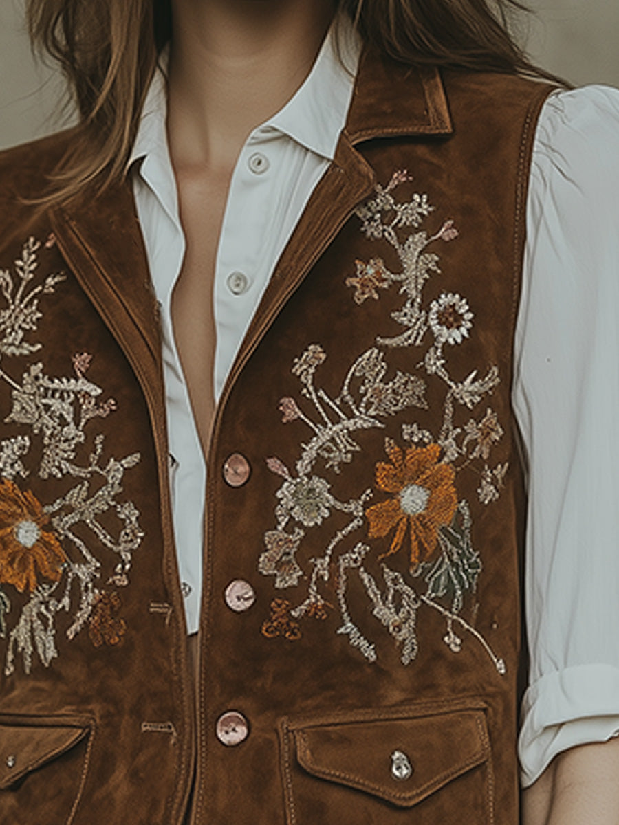 Rustic Chic Bohemian Elegant Suede Embroidered Vest