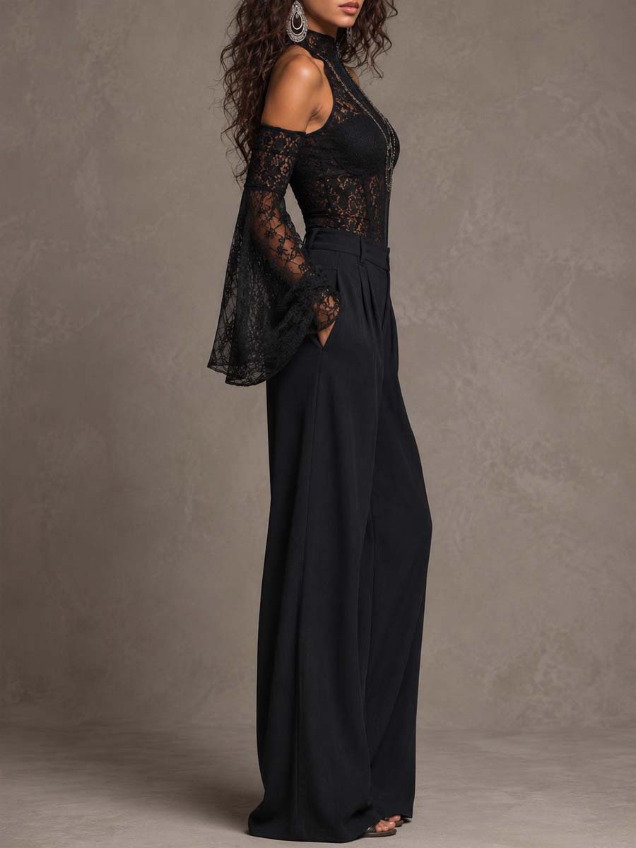 Off Shoulder Bell Sleeve Full Zip High Neck Lace Corset Waist Wide Leg Jumpsuit