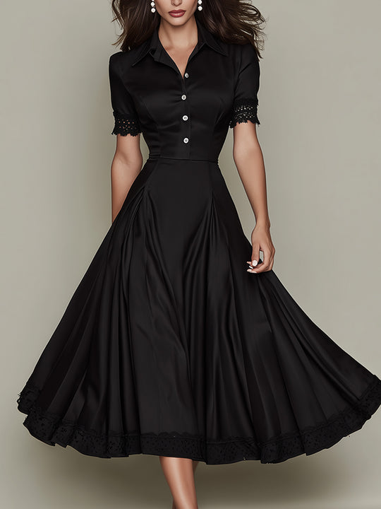 Elegant Satin Shirt Collar Midi Dress With Lace